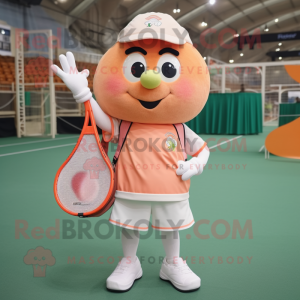 Peach Tennis Racket mascot costume character dressed with a Button-Up Shirt and Tote bags