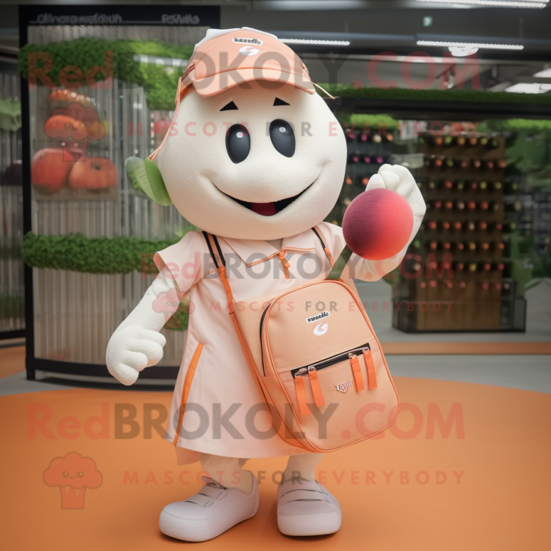 Peach Tennis Racket mascot costume character dressed with a Button-Up Shirt and Tote bags