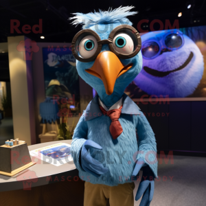 Blue Pterodactyl mascot costume character dressed with a Corduroy Pants and Eyeglasses