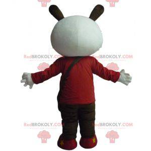 White and black rabbit mascot in red and black outfit -