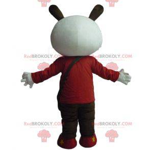 White and black rabbit mascot in red and black outfit -