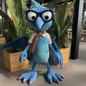 Blue Pterodactyl mascot costume character dressed with a Corduroy Pants and Eyeglasses