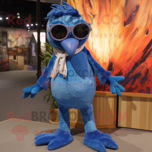 Blue Pterodactyl mascot costume character dressed with a Corduroy Pants and Eyeglasses