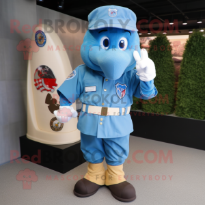 Sky Blue American Soldier mascot costume character dressed with a Baseball Tee and Earrings