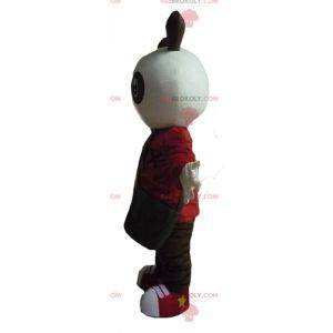 White and black rabbit mascot in red and black outfit -