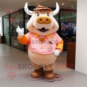 Peach Bull mascot costume character dressed with a Polo Shirt and Pocket squares
