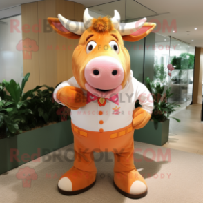 Peach Bull mascot costume character dressed with a Polo Shirt and Pocket squares