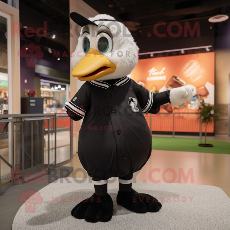 Black Gosling mascot costume character dressed with a Baseball Tee and Hair clips