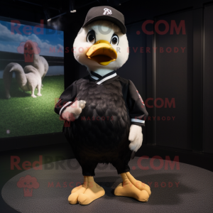 Black Gosling mascot costume character dressed with a Baseball Tee and Hair clips