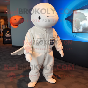 Rust Beluga Whale mascot costume character dressed with a Jumpsuit and Hats