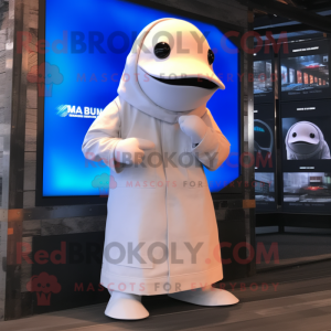 Rust Beluga Whale mascot costume character dressed with a Jumpsuit and Hats