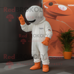 Rust Beluga Whale mascot costume character dressed with a Jumpsuit and Hats