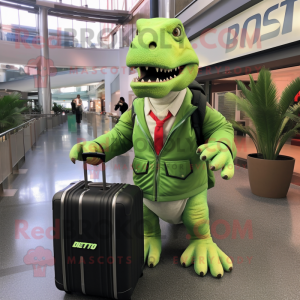 Lime Green Allosaurus mascot costume character dressed with a Bomber Jacket and Briefcases