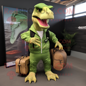 Lime Green Allosaurus mascot costume character dressed with a Bomber Jacket and Briefcases