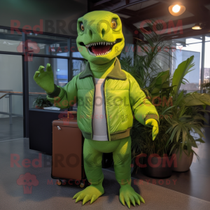 Lime Green Allosaurus mascot costume character dressed with a Bomber Jacket and Briefcases