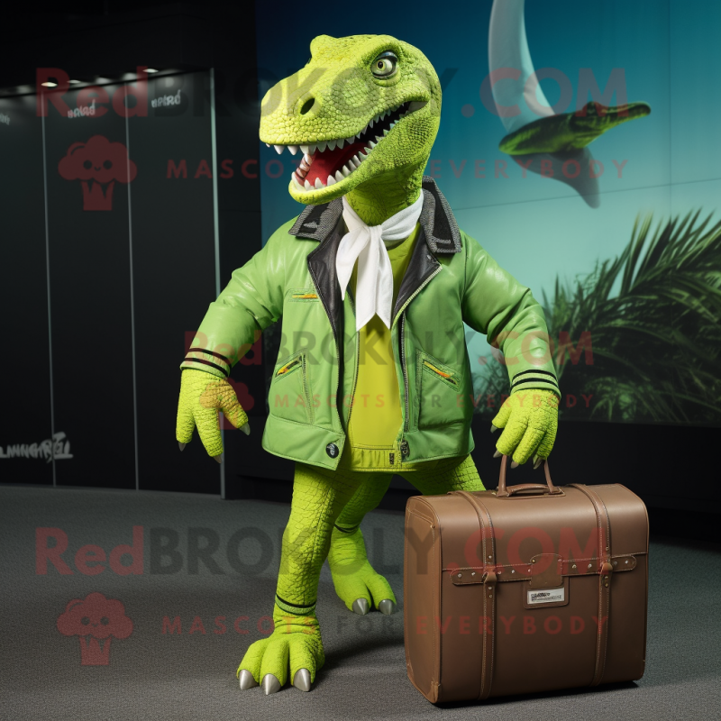 Lime Green Allosaurus mascot costume character dressed with a Bomber Jacket and Briefcases Lime Green Allosaurus mascot costume character dressed with a Bomber Jacket and Briefcases