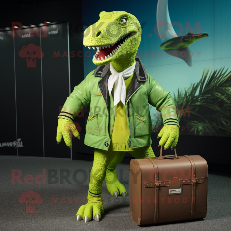 Lime Green Allosaurus mascot costume character dressed with a Bomber Jacket and Briefcases