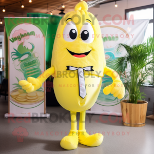 Lemon Yellow Shrimp Scampi mascot costume character dressed with a Mini Dress and Tie pins