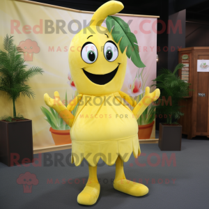Lemon Yellow Shrimp Scampi mascot costume character dressed with a Mini Dress and Tie pins