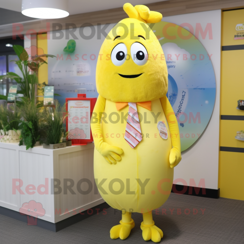 Lemon Yellow Shrimp Scampi mascot costume character dressed with a Mini Dress and Tie pins Lemon Yellow Shrimp Scampi mascot costume character dressed with a Mini Dress and Tie pins