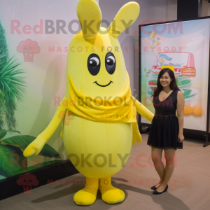 Lemon Yellow Shrimp Scampi mascot costume character dressed with a Mini Dress and Tie pins