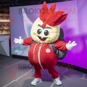 Red Onion mascot costume character dressed with a Windbreaker and Backpacks