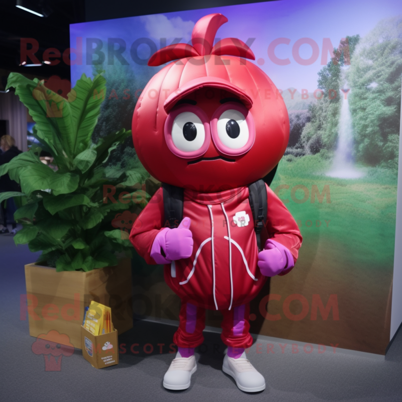 Red Onion mascot costume character dressed with a Windbreaker and Backpacks