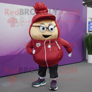 Red Onion mascot costume character dressed with a Windbreaker and Backpacks