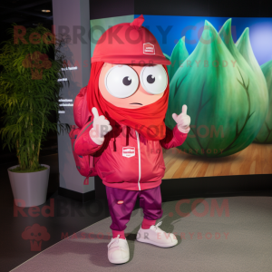 Red Onion mascot costume character dressed with a Windbreaker and Backpacks