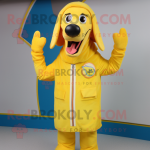 Yellow Hot Dogs mascot costume character dressed with a Windbreaker and Suspenders