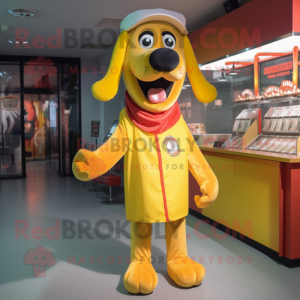 Yellow Hot Dogs mascot costume character dressed with a Windbreaker and Suspenders