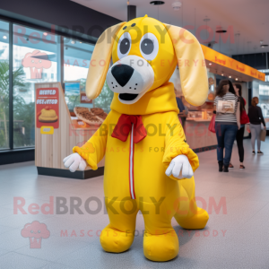Yellow Hot Dogs mascot costume character dressed with a Windbreaker and Suspenders