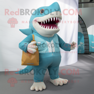 Turquoise Megalodon mascot costume character dressed with a Chinos and Clutch bags