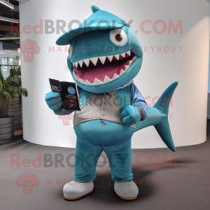 Turquoise Megalodon mascot costume character dressed with a Chinos and Clutch bags