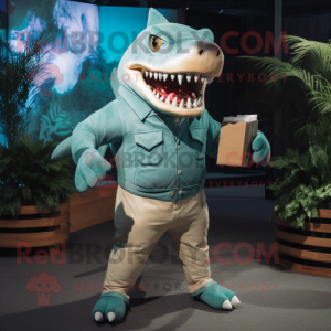 Turquoise Megalodon mascot costume character dressed with a Chinos and Clutch bags