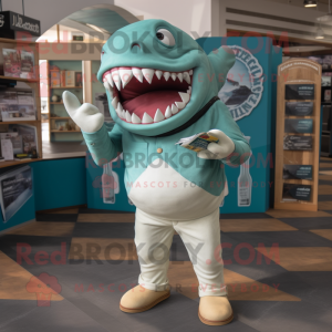 Turquoise Megalodon mascot costume character dressed with a Chinos and Clutch bags