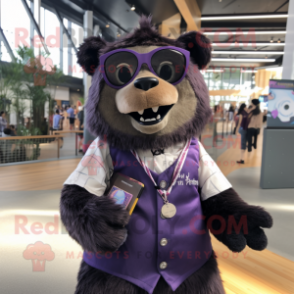 Purple Spectacled Bear mascot costume character dressed with a Button-Up Shirt and Wraps