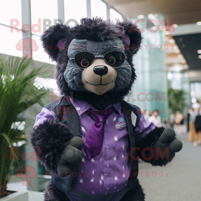 Purple Spectacled Bear mascot costume character dressed with a Button-Up Shirt and Wraps Purple Spectacled Bear mascot costume character dressed with a Button-Up Shirt and Wraps