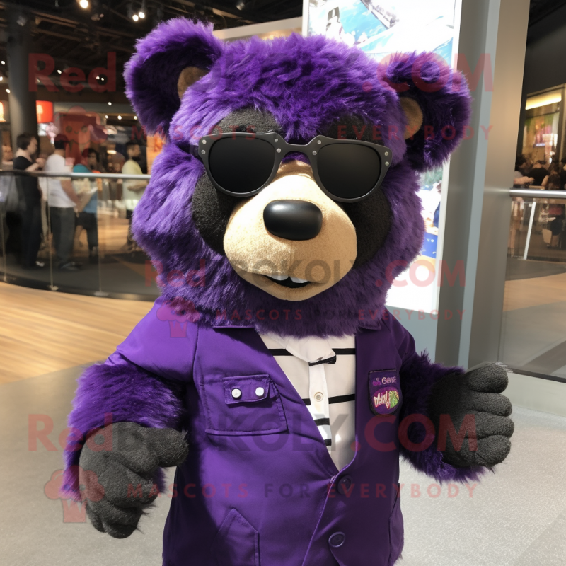 Purple Spectacled Bear mascot costume character dressed with a Button-Up Shirt and Wraps