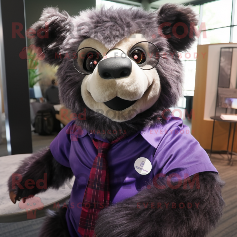 Purple Spectacled Bear mascot costume character dressed with a Button-Up Shirt and Wraps