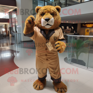 Brown Saber-Toothed Tiger mascot costume character dressed with a Jumpsuit and Lapel pins