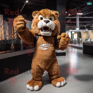 Brown Saber-Toothed Tiger mascot costume character dressed with a Jumpsuit and Lapel pins
