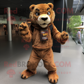 Brown Saber-Toothed Tiger mascot costume character dressed with a Jumpsuit and Lapel pins