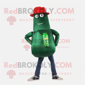 Forest Green Bottle Of Ketchup mascot costume character dressed with a Jeans and Messenger bags