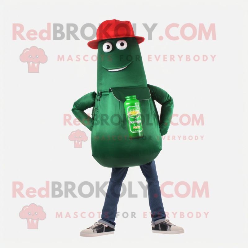 Forest Green Bottle Of Ketchup mascot costume character dressed with a Jeans and Messenger bags Forest Green Bottle Of Ketchup mascot costume character dressed with a Jeans and Messenger bags