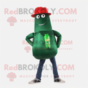 Forest Green Bottle Of Ketchup mascot costume character dressed with a Jeans and Messenger bags