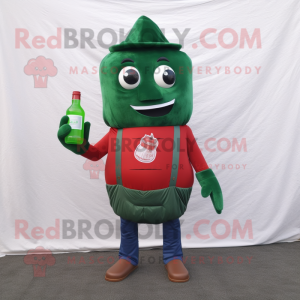 Forest Green Bottle Of Ketchup mascot costume character dressed with a Jeans and Messenger bags