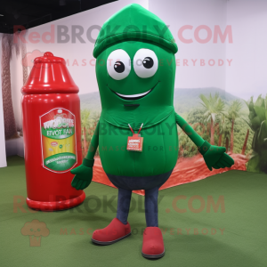 Forest Green Bottle Of Ketchup mascot costume character dressed with a Jeans and Messenger bags