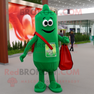 Forest Green Bottle Of Ketchup mascot costume character dressed with a Jeans and Messenger bags