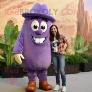 Lavender Eggplant mascot costume character dressed with a Boyfriend Jeans and Watches